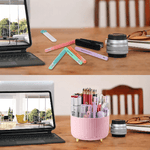 Organisateur bureau rose sur espace de travail coloré
- Arts du rangement