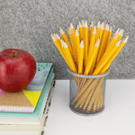 Pot à crayons gris en métal maillé avec stylos sur bureau
 - Arts du rangement